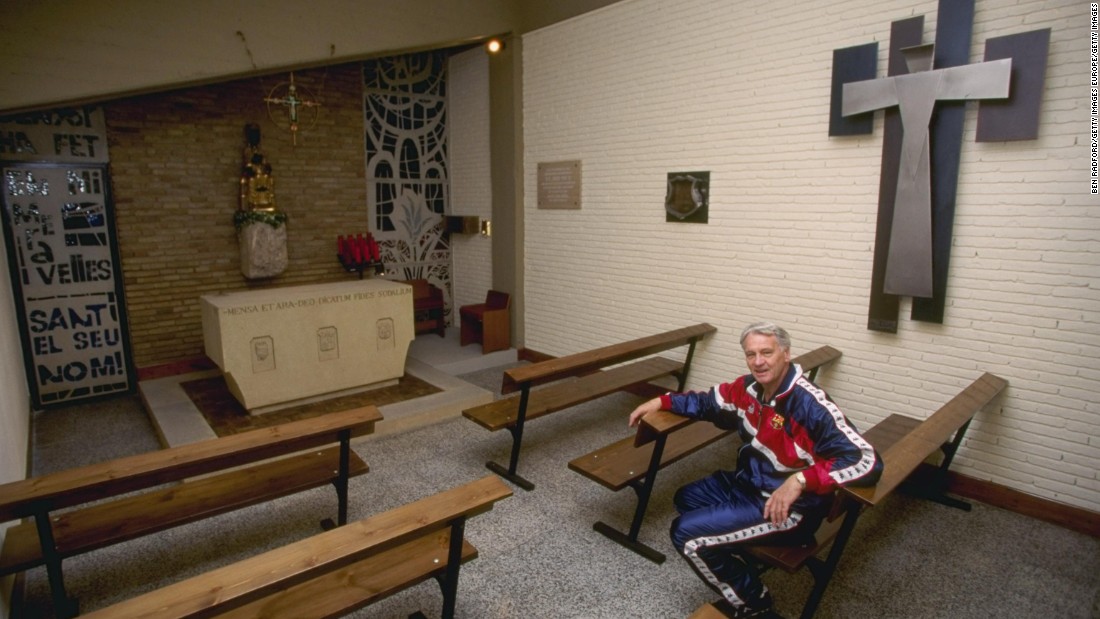 The Camp Nou has a chapel next to the dressing rooms. Former manager Bobby Robson is pictured inside the chapel in 1996.