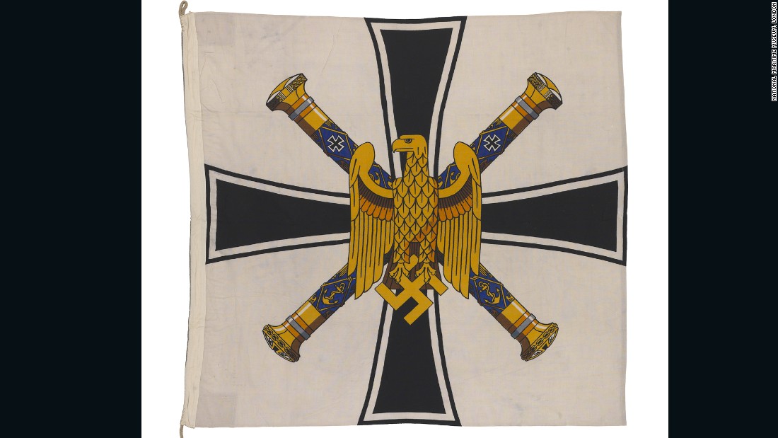 This nautical flag from Nazi-era Germany features two crossed admiral&#39;s batons, and an eagle holding the swastika. 