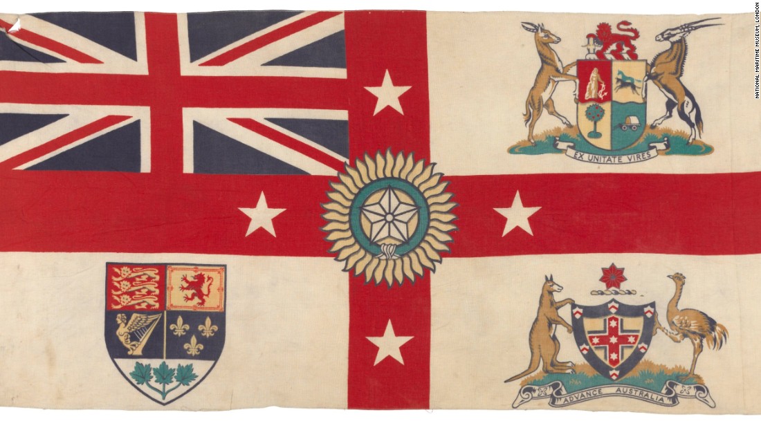 A 1920s version of Britain&#39;s White Ensign flag features the coat of arms of South Africa, Australia and Canada in the quarters, and the Star of India in the center. New Zealand is represented by four white stars on the red cross. &lt;br /&gt;