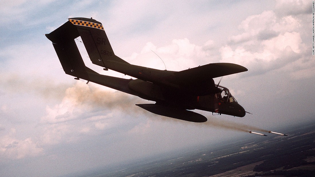 A 21st Tactical Air Support Squadron OV-10 Bronco aircraft fires white phosphorus rockets to mark a target for an air strike during tactical air control training. 