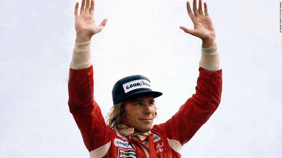Hunt salutes his home fans at Silverstone after winning the 1976 British Grand Prix. His victory was short-lived though, as other teams, including Ferrari -- home to his arch rival Niki Lauda -- complained he had been allowed to use a spare car after the race was restarted. Hunt was disqualified, handing victory to runner-up Lauda.  