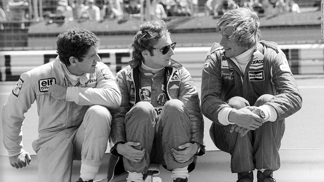 South African driver Jody Scheckter (left) talks with Lauda and  Hunt before the fateful 1976 German Grand Prix. Lauda was involved in a serious crash at the Nurburgring which left him with life-threatening injuries and extensive burns. Incredibly, the Austrian recovered and returned to action six weeks later at the Italian Grand Prix.