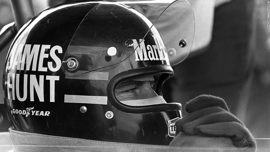 Hunt peers through the visor of his famous helmet at the 1976 Swedish Grand Prix in Anderstorp.