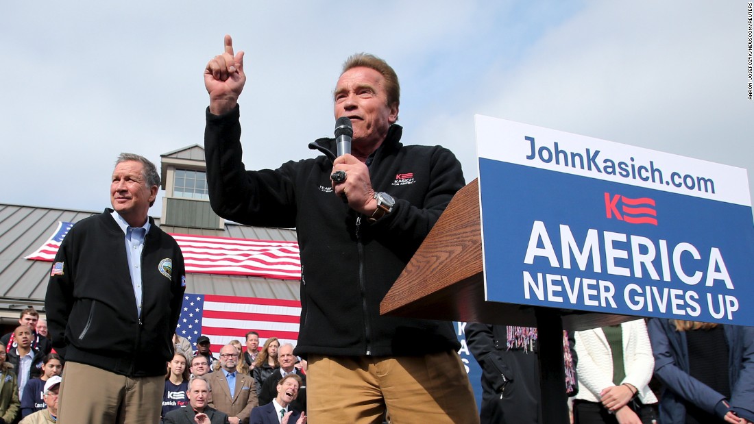Former California governor and professional body builder Arnold Schwarzenegger speaks in support of Governor Kasich at a rally in Columbus, Ohio on March 6, 2016.
