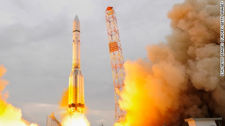 The ExoMars 2016 lifts off on a Proton-M rocket in Baikonur, Kazakhstan. One of the scientific objectives of the collaborative project between the European Space Agency (ESA) and the Russian Federal Space Agency is to search for signs of past and present life on Mars.  (Photo by Stephane Corvaja/ESA via Getty Images)