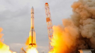 The ExoMars 2016 lifts off on a Proton-M rocket in Baikonur, Kazakhstan. One of the scientific objectives of the collaborative project between the European Space Agency (ESA) and the Russian Federal Space Agency is to search for signs of past and present life on Mars.  (Photo by Stephane Corvaja/ESA via Getty Images)