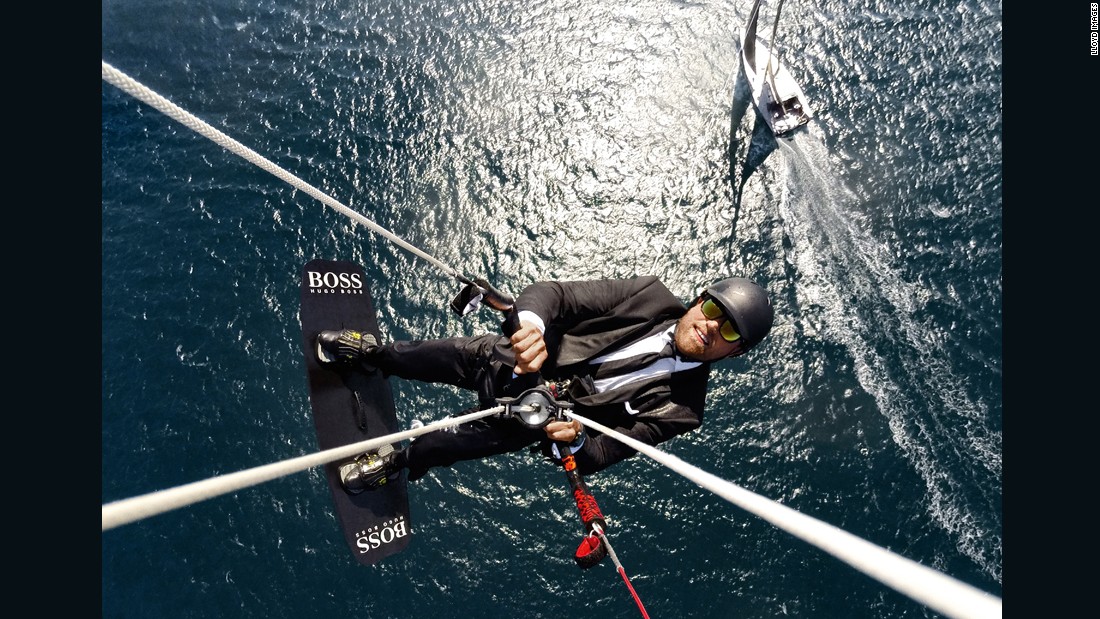 At peak height, Thomson detaches the rope from his harness, freeing him to kitesurf...