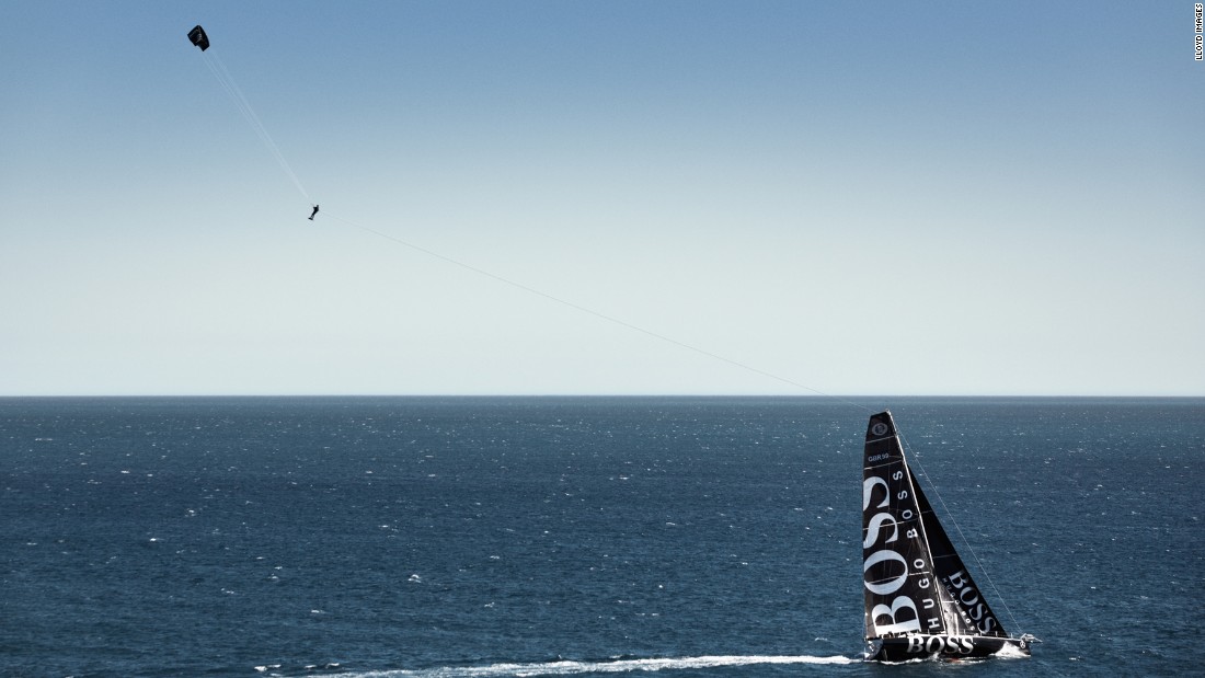 Using the boat&#39;s speed to propel himself, the British around-the-world sailor soars 280 feet into the air above the yacht.