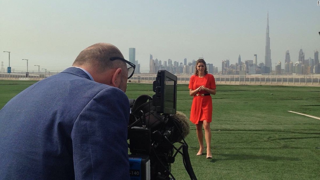 Filming links in Dubai with the city&#39;s stunning skyline as a backdrop. 