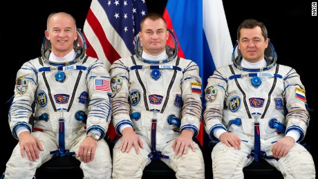 (From left) NASA astronaut Jeff Williams and cosmonauts Alexey Ovchinin and Oleg Skripochka.