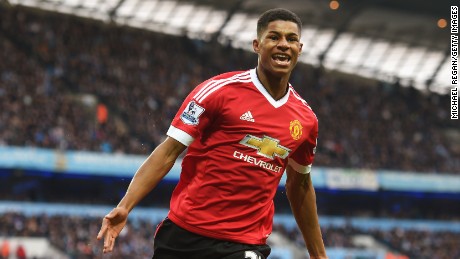 Marcus Rashford wheels away in triumph after scoring the only goal of the game in the Manchester derby.