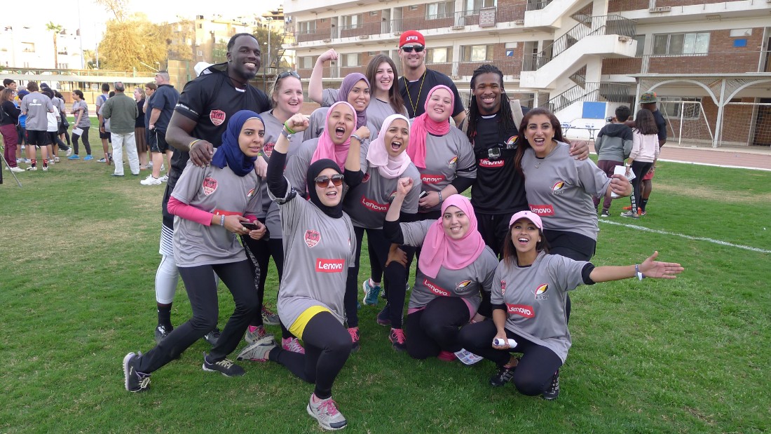 Egypt has two female football teams, the Pink Warriors and the She Wolves. Here, Pink Warriors players pose with their AFWB visitors.
