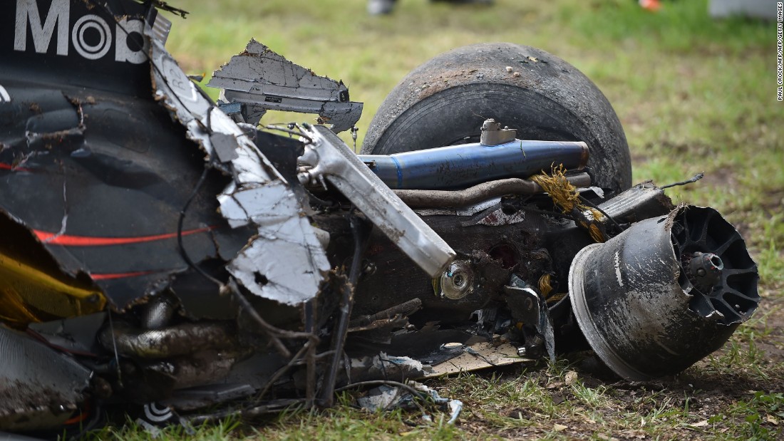 The wreckage of the car betrays the speed and ferocity of the crash from which Alonso escaped.