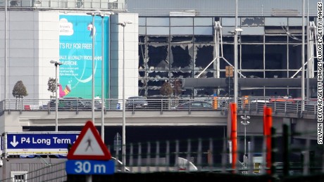 A view of bomb damage of the from Zaventem International Airport after a terrorist attack on March 22, 2016 in Brussels, Belgium.