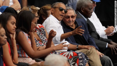 U.S. President Barack Obama and Cuban President Raul Castro visit during an exhibition game between the Cuban national team and the Major League Baseball team Tampa Bay Devil Rays at the Estado Latinoamericano March 22, 2016 in Havana, Cuba.