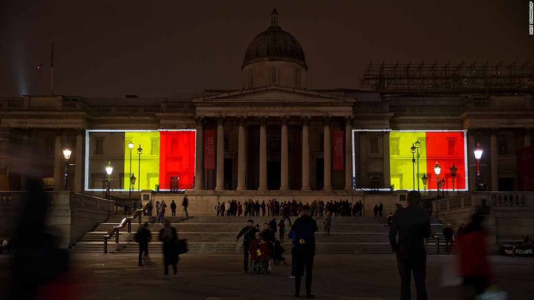 Belgian national flags are projected onto the National Gallery in London&#39;s Trafalgar Square on March 23.
