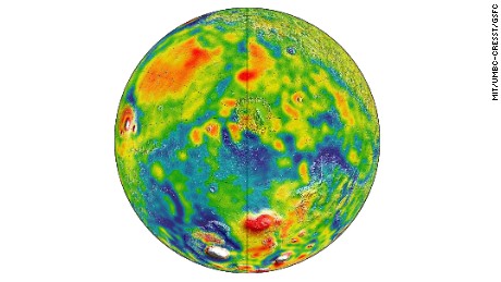 Gravity map of Mars. White and red are areas of higher gravity; blue lower.