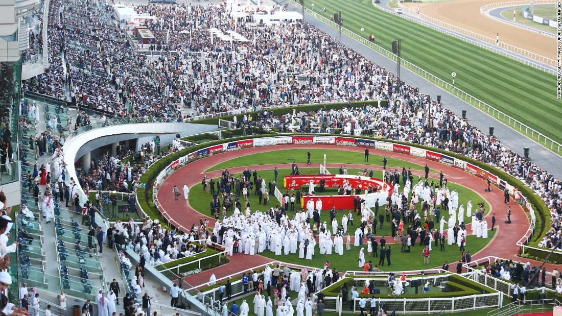 A general view of the packed winners&#39; enclosure during the Dubai World Cup at Meydan Racecourse 