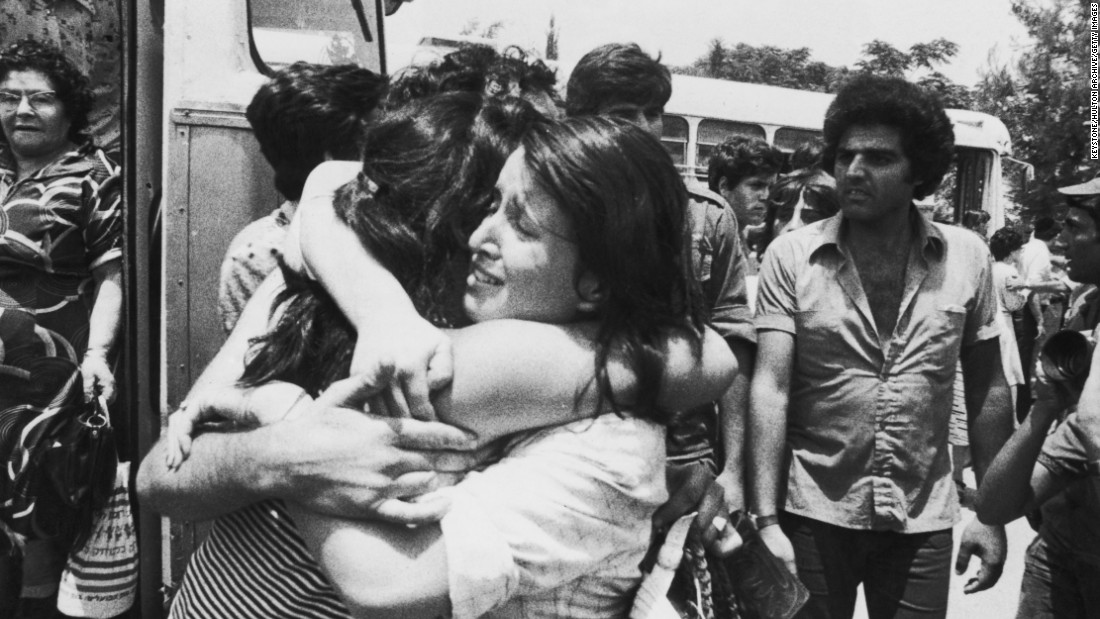 An Israeli hostage is greeted on her return to Israel after Operation Entebbe in July 1976, in which Israeli special forces rescued 100 hostages held at Entebbe Airport in Uganda by members of the Popular Front for the Liberation of Palestine following its hijacking of Air France Flight 139. Yonatan Netanyahu, the brother of current Israeli Prime Minister Benjamin Netanyahu, was the only Israel Defense Forces&#39; fatality during the operation. 