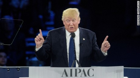 Republican US presidential hopeful Donald Trump addresses the 2016 American Israel Public Affairs Committee policy conference at the Verizon Center March 21, 2016 in Washington, DC. / AFP / Brendan Smialowski        (Photo credit should read BRENDAN SMIALOWSKI/AFP/Getty Images)