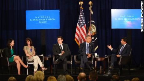 From left, Dr. Leana Wen, Crystal Oertle, Justin Luke Riley, President Obama and Dr. Sanjay Gupta during the National Rx Drug Abuse and Heroin Summit. 