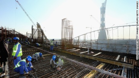 DOHA, QATAR - DECEMBER 30:  Construction workers on Khalifa International Stadium ahead of the 2022 FIFA World Cup Qatar on December 30, 2015 in Doha, Qatar.  (Photo by Warren Little/Getty Images)