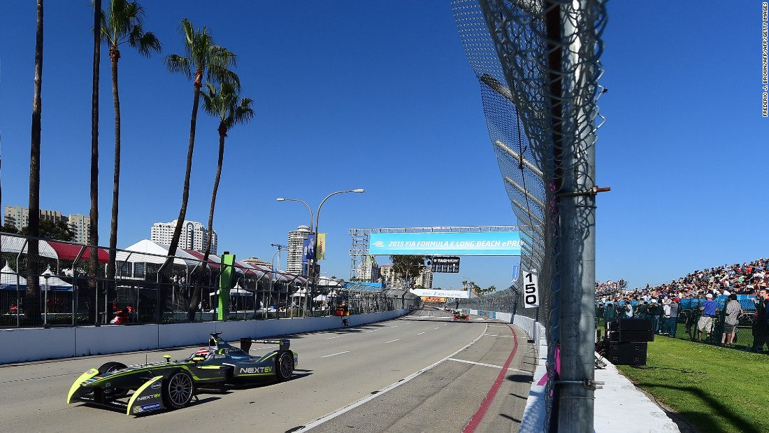 Formula E headed to the famous Southern California circuit in 2015. Nelson Piquet Jr leads the pack of electric cars under glorious blue skies at last April&#39;s race.