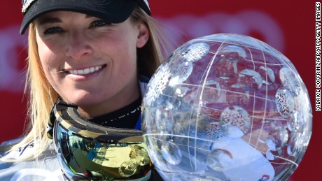 Women&#39;s World Cup champion Lara Gut with her Crystal Globe in St. Moritz.