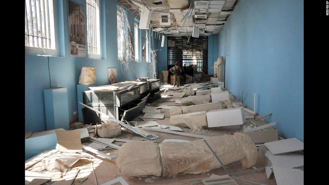 Destroyed statues are seen inside the damaged Palmyra Museum on March 27.