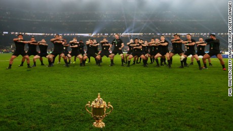 The All Blacks perform the haka after winning the 2015 World Cup final.