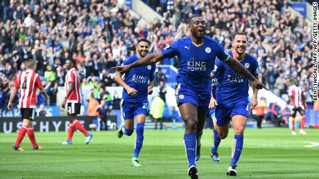 Leicester City&#39;s Wes Morgan celebrates scoring the only goal of the game against Southampton.
