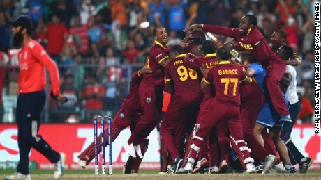 The West Indies celebrate victory after Carlos Brathwaite hit the winning runs during the ICC World Twenty20 final against England.