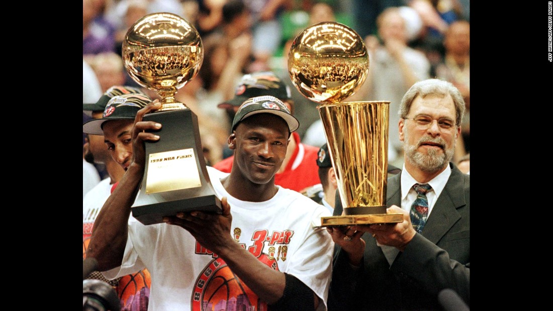 &lt;strong&gt;Most Finals MVP awards: &lt;/strong&gt;Michael Jordan was named the Most Valuable Player for all six Finals he played in. The Bulls guard holds his 1998 award here next to head coach Phil Jackson.