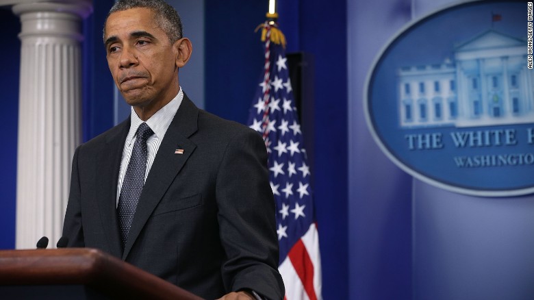 U.S. President Barack Obama pauses as he delivers a statement on the economy at the James Brady Press Briefing of the White House April 5, 2016 in Washington, DC.