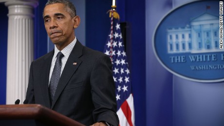 U.S. President Barack Obama pauses as he delivers a statement on the economy at the James Brady Press Briefing of the White House April 5, 2016 in Washington, DC.