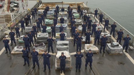 The U.S. Coast Guard displays a reported 14 tons of cocaine stacked on the deck of a Cutter in San Diego 