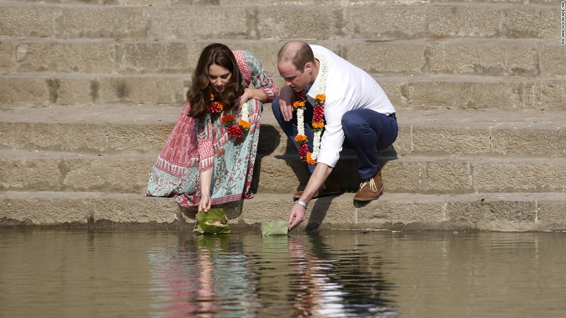 The royal couple floats flowers at the Banganga Water Tank in Mumbai on April 10. 