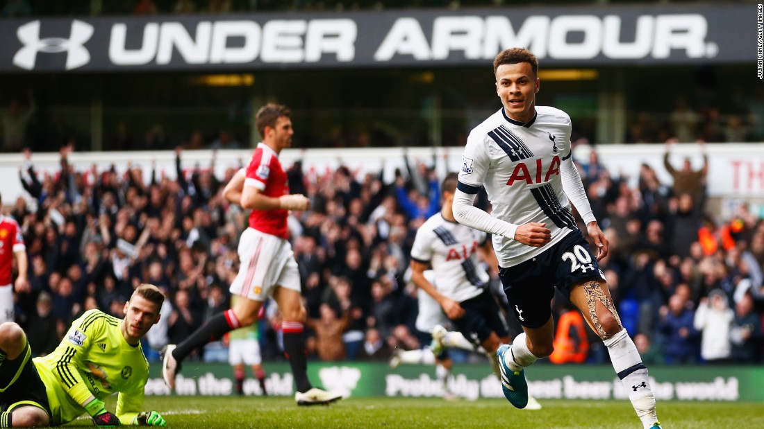 Dele Alli wheels away after scoring Tottenham&#39;s opener in the 3-0 win over Manchester United. 