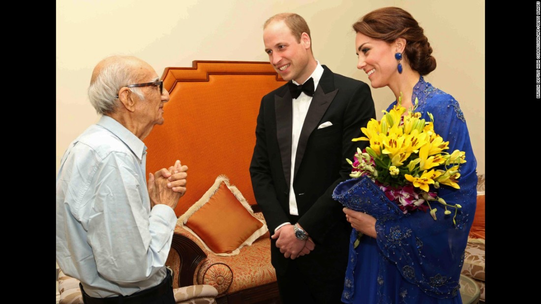 The Duke and Duchess of Cambridge speak with Boman Kohinoor during a meeting in Mumbai, India, on Sunday, April 10. Kohinoor, 93, has a strong claim to be India&#39;s biggest fan of the British royal family. Giant cardboard cutouts of William and Kate adorn his restaurant. His dream came true after the couple was made aware of a social media campaign with the hashtag #WillKatMeetMe.