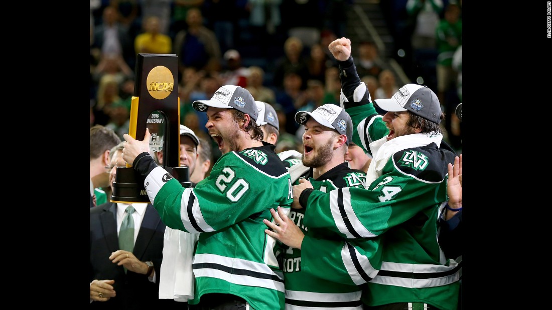 North Dakota&#39;s hockey team celebrates after winning the NCAA championship on Saturday, April 9. It&#39;s the eighth national title for the Fighting Hawks, who defeated Quinnipiac 5-1 in the final.