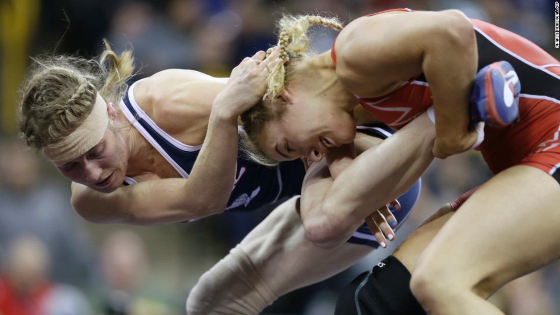 Katherine Fulp-Allen, left, wrestles Helen Maroulis during the U.S. Olympic Trials on Sunday, April 10. Maroulis won their weight class and will try to earn an Olympic spot later this month.