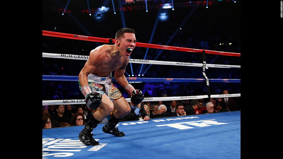 Oscar Valdez celebrates his fourth-round victory over Evgeny Gradovich on Saturday, April 9. Valdez improved his record to 19-0 with the win in Las Vegas.