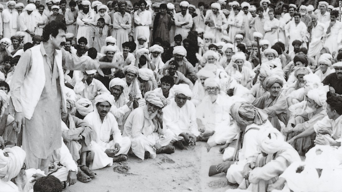 Toorpakai&#39;s father addressing a jirga (assembly of leaders), aged 25. He spoke out so often for women&#39;s rights that he was later jailed.