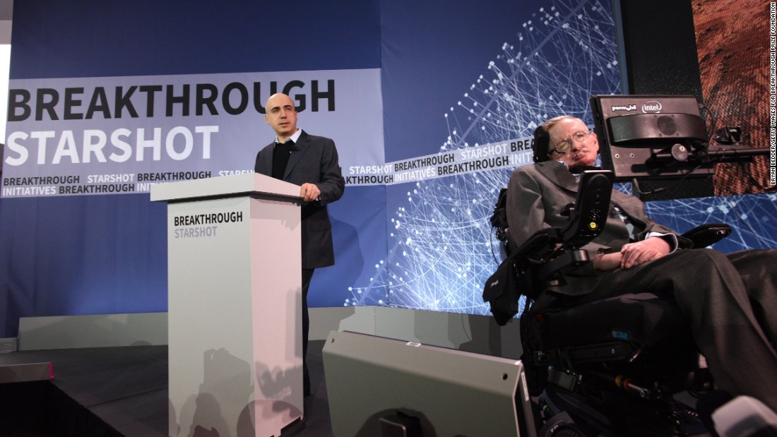 Philanthropist Yuri Milner, left, and astrophysicist Stephen Hawking host a press conference to announce Breakthrough Starshot on Tuesday, April 12, in New York City. Facebook co-founder Mark Zuckerberg also sits on the mission's board of directors.