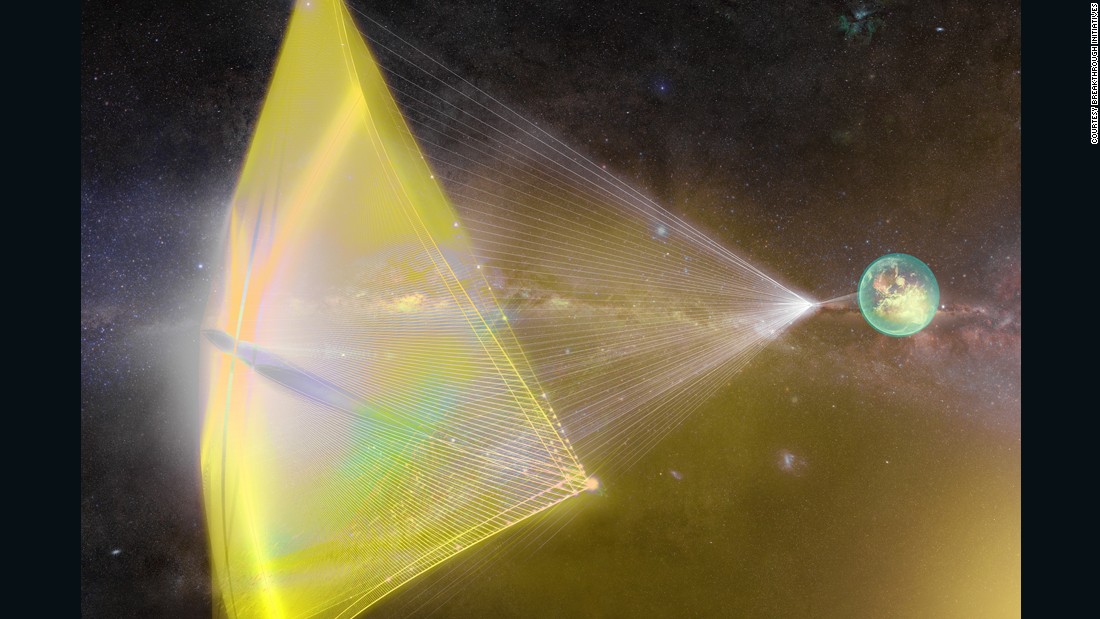 This illustration shows light beams from Earth pushing a tiny spacecraft&#39;s sail. The proposed Breakthrough Starshot project would send hundreds of &quot;nanocraft&quot; space probes 4.37 light years away -- at speeds of up to 100 million miles an hour -- to to explore Alpha Centauri, our nearest star system. The ambitious project is many years away from becoming reality.