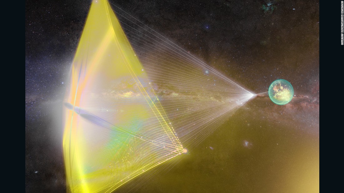 This illustration shows light beams from Earth pushing a tiny spacecraft&#39;s sail. The proposed Breakthrough &lt;a href=&quot;https://edition.cnn.com/2016/04/12/us/breakthrough-starshot-space-probe-stephen-hawking-feat/index.html&quot; target=&quot;_blank&quot;&gt;Starshot project &lt;/a&gt;would send hundreds of &quot;nanocraft&quot; space probes 4.37 light years away -- at speeds of up to 100 million miles an hour -- to to explore Alpha Centauri, our nearest star system. Proposed in 2016, the ambitious project is many years away from becoming reality.