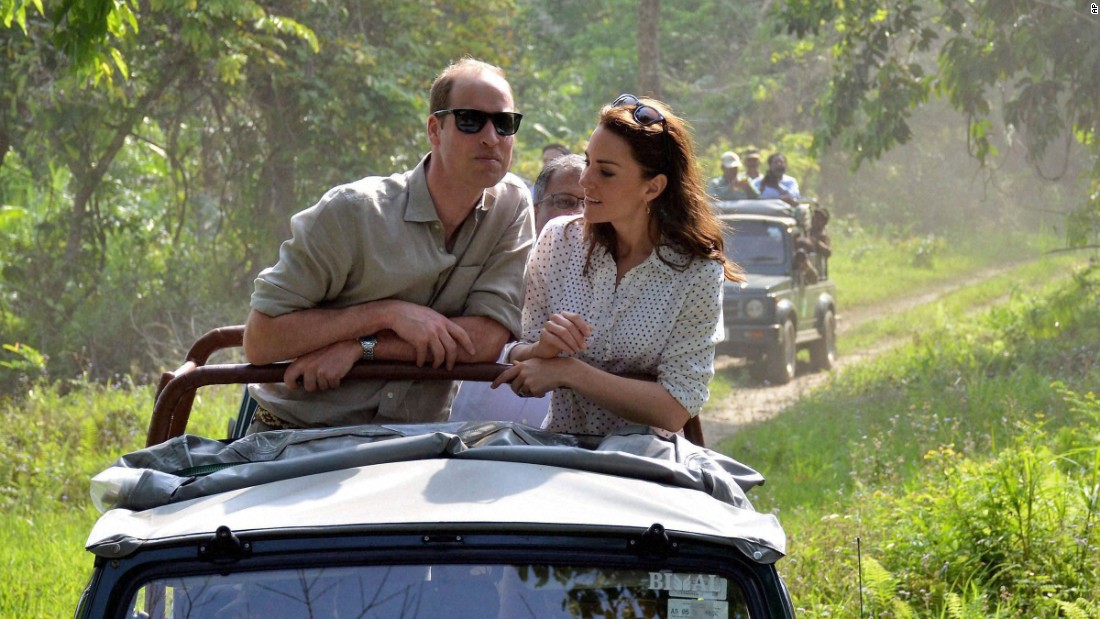 The royal couple takes an open vehicle safari inside Kaziranga National Park on April 13. They spent several hours at the park in hopes of drawing attention to endangered animals, including the park&#39;s 2,200 one-horned rhinos.