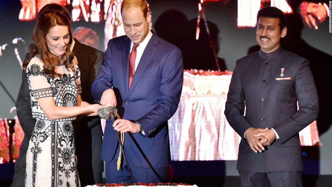 William and Catherine cut a cake during 90th birthday celebrations for Queen Elizabeth II at the residence of the British High Commissioner in New Delhi on Monday, April 11.