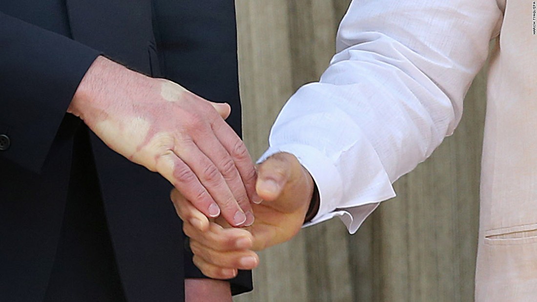 A strong handshake by Modi leaves an impression on Prince William&#39;s hand on April 12.