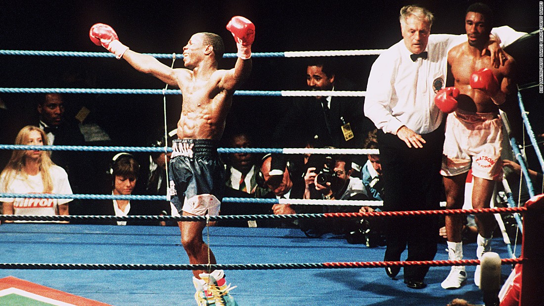 Chris Eubank Sr. celebrates his victory against Michael Watson for the WBO Middleweight title fight in 1991. 